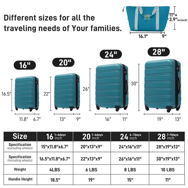 Hardshell Luggage Sets 4 pcs + Bag Spinner Suitcase with TSA Lock Lightweight-16"+20"+24"+28" Luggages