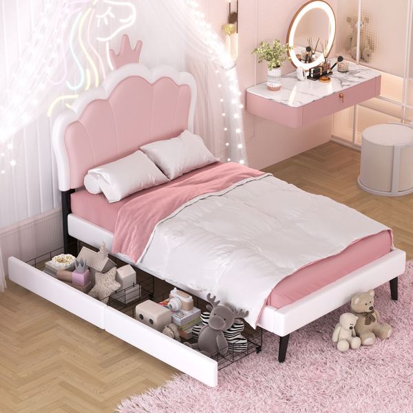 Twin Size Upholstered Princess Bed With Crown Headboard and 2 Drawers,Twin Size Platform Bed with Headboard and Footboard, Pink+White 