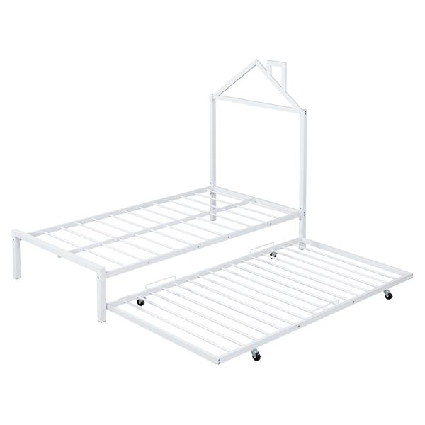 Twin Size Metal Platform Bed with twin size trundle,House-Shaped Headboard Design, White