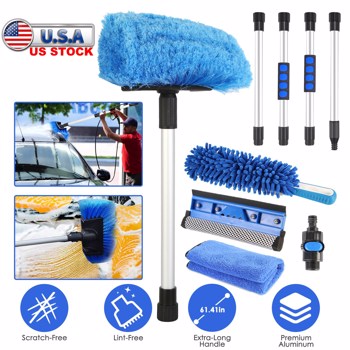 5Pcs Car Cleaning Brush Kit 61in Detachable Long Handle Soft Microfiber Mop Brush Mitt Windshield Squeegee Duster Towel Wheel Tier Brush Hose Adapter For Car RV Truck Boat