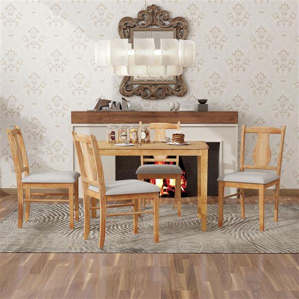 5-Piece Kitchen Dining Table Set, Wooden Rectangular Dining Table and 4 Upholstered Chairs for Kitchen and Dining Room (Drift Wood)