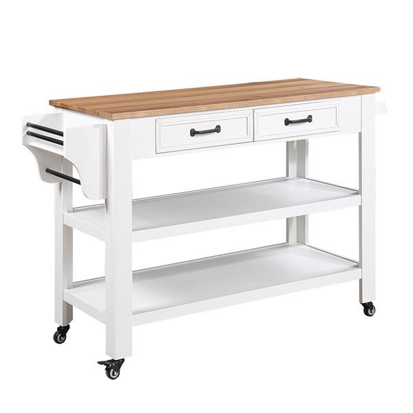 57 inch Rolling Kitchen Island with Storage,Kitchen Cart with Solid OAK Wood Top,Two-sided Kitchen island Cart on Wheels ,Wine and Spice Rack, Large Kitchen Cart with 2 Drawers, Milk White+Natural Top