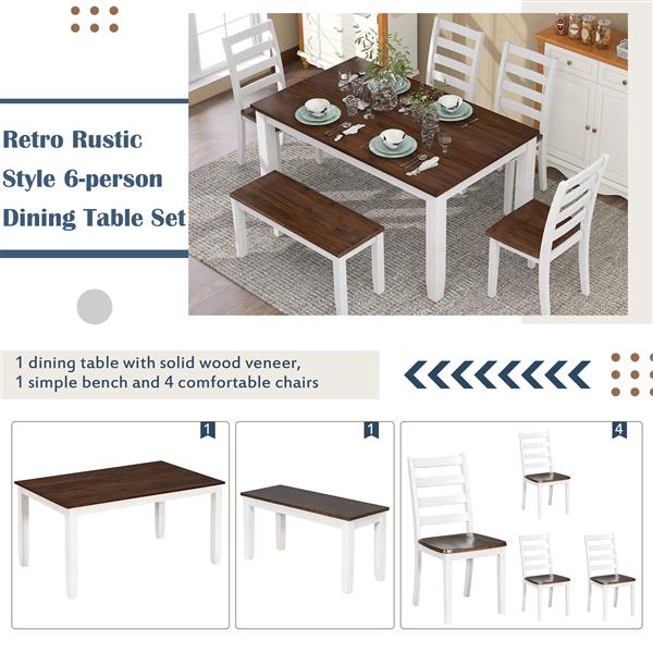 Rustic Style 6-Piece Dining Room Table Set with 4 Ernomic Designed Chairs & a Bench (Walnut + Cottage White)