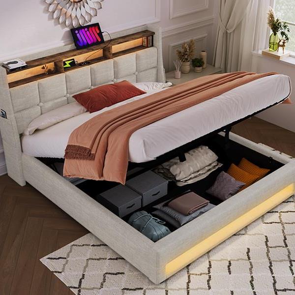 Queen size Upholstered Platform bed with a Hydraulic Storage System, LED and USB Charging, Natural (without mattress)