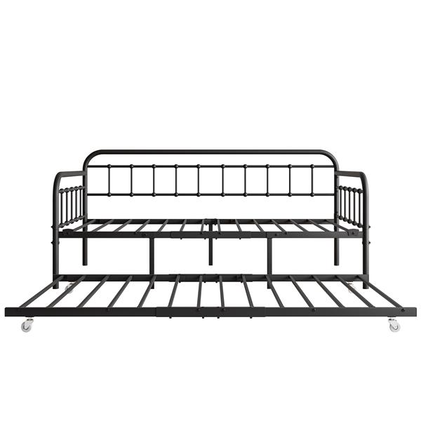 Twin Size Metal Daybed Frame with Trundle, Heavy Duty Steel Slat Support Sofa Bed Platform with Headboard, No Box Spring Needed, Black