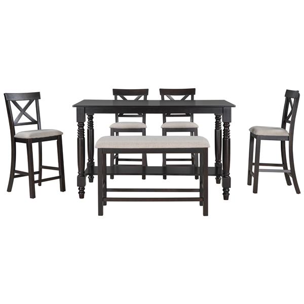 6-Piece Counter Height Dining Table Set Table with Shelf 4 Chairs and Bench for Dining Room (Espresso)