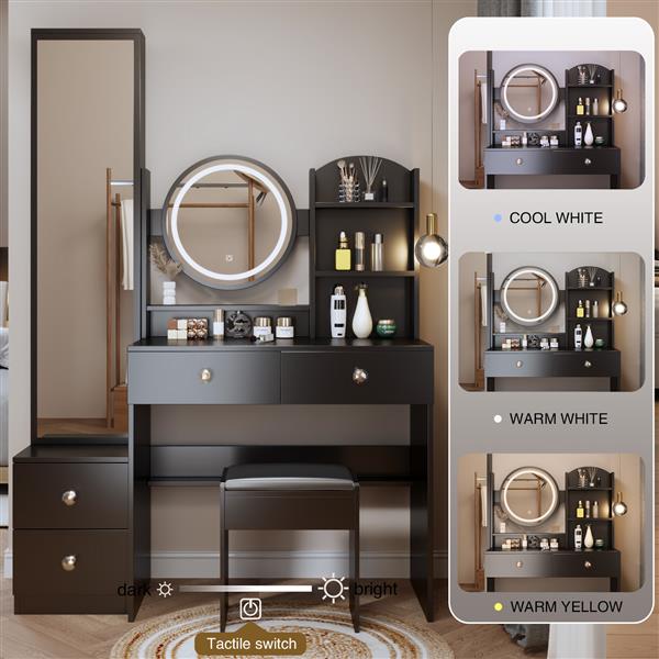 Full Body Mirror Cabinet + Round Mirror LED Vanity Table + Cushioned Stool, 17" diameter LED Mirror, Touch Control, 3-color, Brightness adjustable, Large desktop, Multi-layer High Capacity Storage