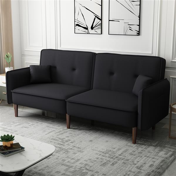 Convertible Sofa Bed with Wood Legs in Cotton Linen Fabric(Black)