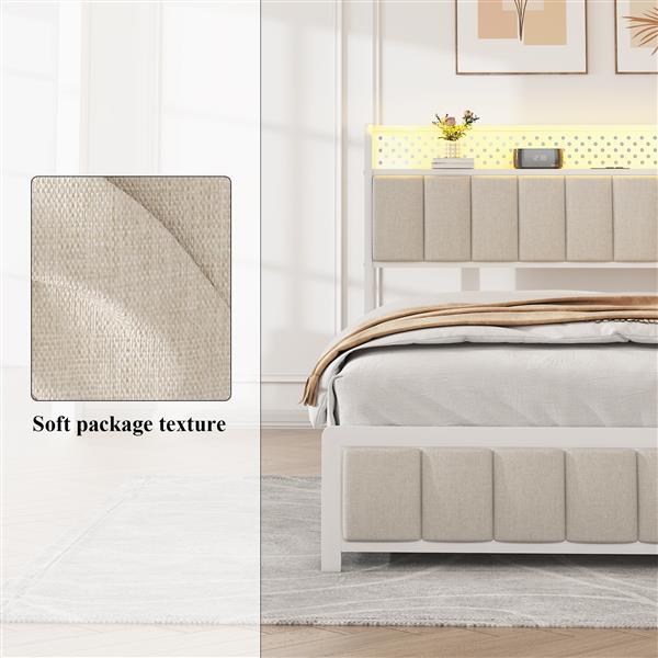 Full Size Platform Bed with 4 Drawers, Metal Bed Frame with LED Lights and Charging Station, No Box Spring Needed, (Beige),  Noise Free,Easy Assemble.