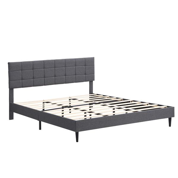 King Size Platform Bed Frame with Fabric Upholstered Headboard and Wooden Slats, No Box Spring Needed/Easy Assembly, Dark Grey