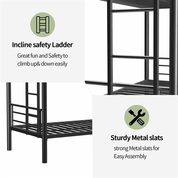 Bunk Bed Twin Over Twin Size with Ladder and high Guardrail, Able to Split, Metal Bunk Bed, Storage Space, Noise Free, Black