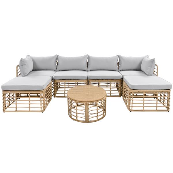 7 Pieces Outdoor Patio Furniture, All-Weather Rattan Sectional Sofa Set with Thick Cushions and Pillows, Freely Combined Conversation Sets for Garden, Backyard, Balcony, Gray