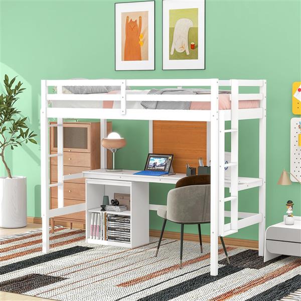 Twin size Loft Bed with Desk and Writing Board, Wooden Loft Bed with Desk & 2 Drawers Cabinet- White