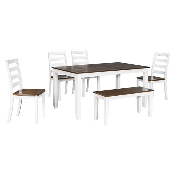 Rustic Style 6-Piece Dining Room Table Set with 4 Ernomic Designed Chairs & a Bench (Walnut + Cottage White)