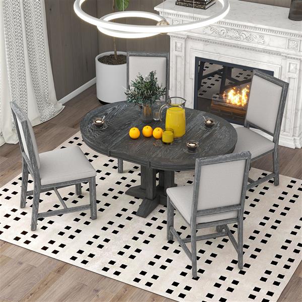 5-Piece Dining Set Extendable Round Table and 4 Upholstered Chairs Farmhouse Dining Set for Kitchen, Dining Room(Black)