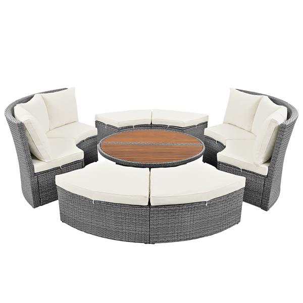 Patio 5-Piece Round Rattan Sectional Sofa Set All-Weather PE Wicker Sunbed Daybed with Round Liftable Table and Washable Cushions for Outdoor Backyard Poolside, Beige