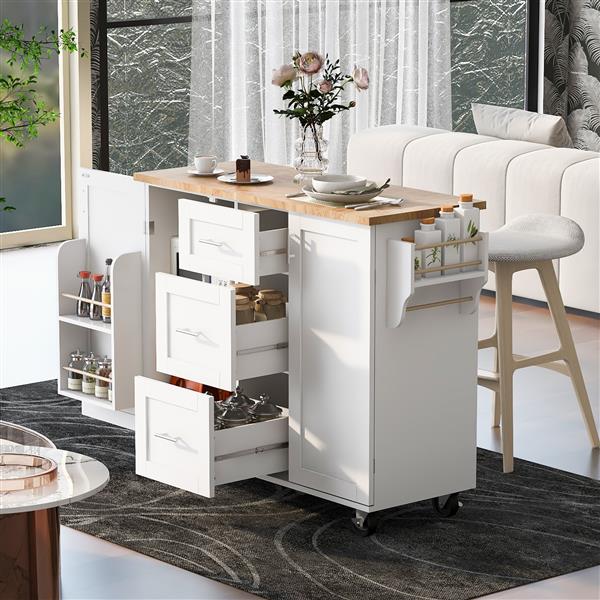 Rolling Kitchen Island with Storage, Kitchen Cart with Rubber Wood Top, 3 Drawer, 2 Slide-Out Shelf and Internal Storage Rack, Kitchen Island on Wheels with Spice Rack & Tower Rack, White