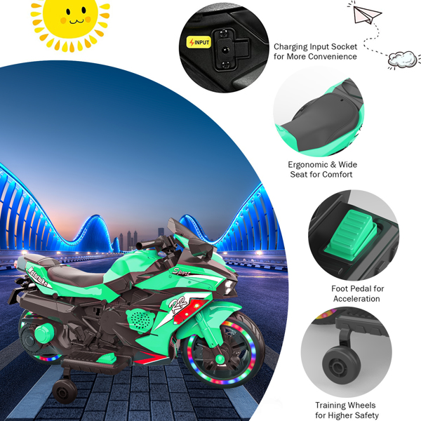 12V Electric Motorcycle for Kids, Powered Toy Motorcycle, Child Motorcycle Ride On with Light Wheels and Bluetooth Music Green (No shipping on weekends) (Temu, Walmart Amazon  prohibited)