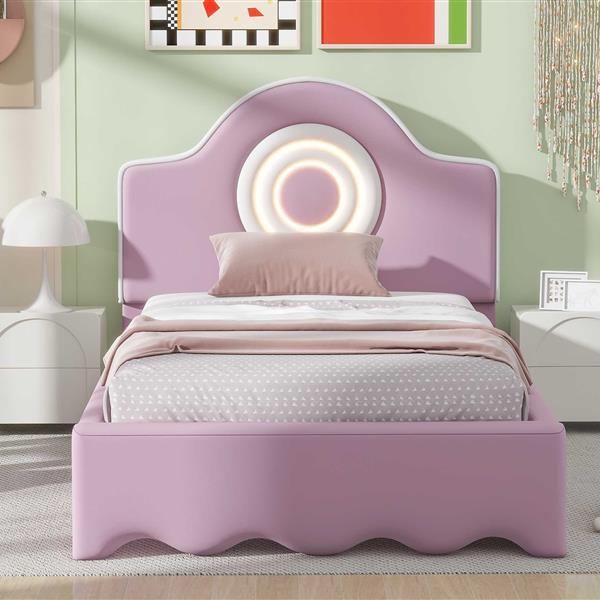 Twin Size Upholstered Platform Bed with LED Headboard, Pink