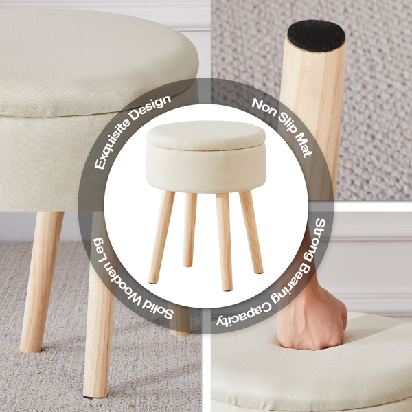 Storage Ottoman Linen Round Vanity Stool Tray Top Modern Foot Stool with Wood Legs Multifunctional Upholstered Foot Ottoman Rest for Living Room, Bathroom, Makeup White