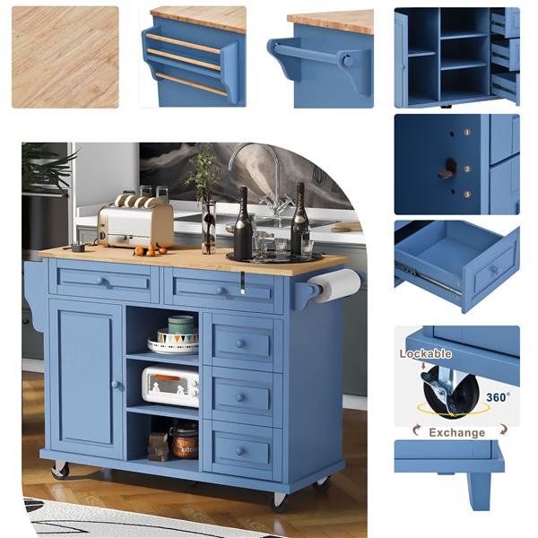 Kitchen cart with Rubber wood desktop rolling mobile kitchen island with storage and 5 draws 53 Inch length (Blue)