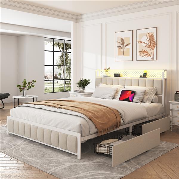 Full Size Platform Bed with 4 Drawers, Metal Bed Frame with LED Lights and Charging Station, No Box Spring Needed, (Beige),  Noise Free,Easy Assemble.