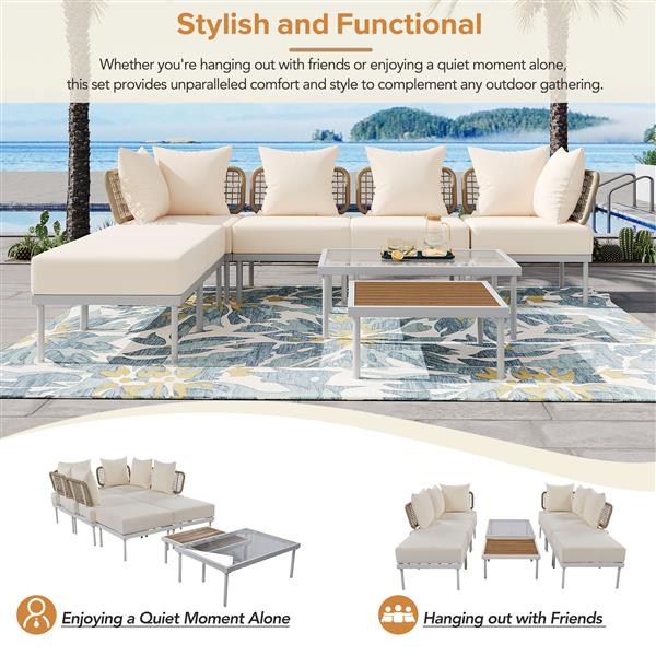 8-Piece Patio Sectional Sofa Set with Tempered Glass Coffee Table and Wooden Coffee Table for Outdoor Oasis, Garden, Patio and Poolside (Beige Cushion + White Steel)