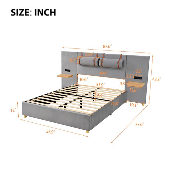 Full size upholstered platform bed with two outlets and USB charging ports on both sides, two bedside pillows, storage shelf, Gray