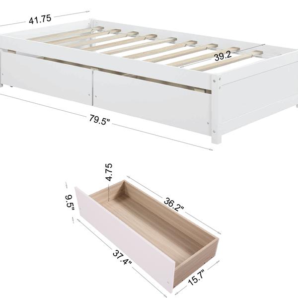 Twin Bed with 2 Drawers, Solid Wood, No Box Spring Needed ,White