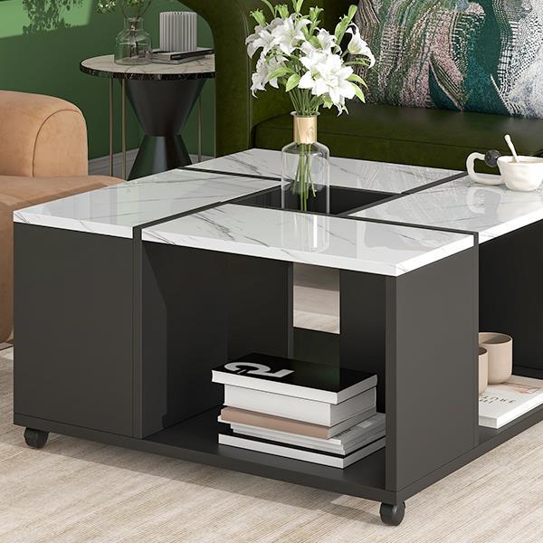 Modern 2-layer Coffee Table with Casters, Square Cocktail Table with Removable Tray, UV High-gloss Marble Design Center Table for Living Room, 31.4''x 31.4''