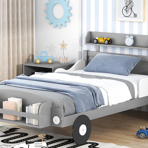 Twin Size Car-Shaped Platform Bed,Twin Bed with Storage Shelf for Bedroom,Gray