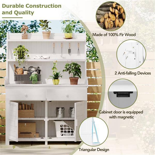 65inch Garden Potting Bench Table, Fir Wood Workstation with Storage Shelf, Drawer and Cabinet, White