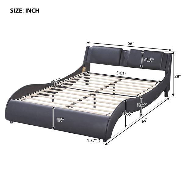 Full Size Upholstered Faux Leather Platform Bed with LED Light Bed Frame with Slatted - Black