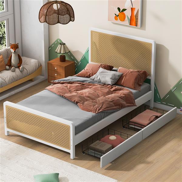 Full Size Metal Platform Bed with 2 Drawers, White