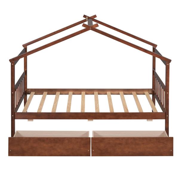 Twin Size Wooden House Bed with Drawers, Walnut