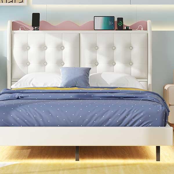 Full Size Upholstery Platform Bed Frame with LED Light Strips,Headboard Storage Space and Two USB Charging Deisgn,Beige