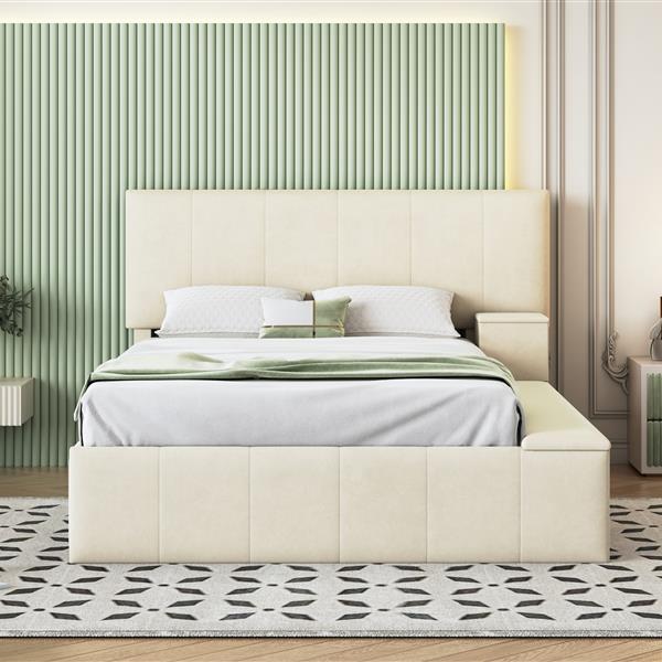 Full Size Upholstered Platform Bed with Lateral Storage Compartments and Thick Fabric, Velvet, Beige