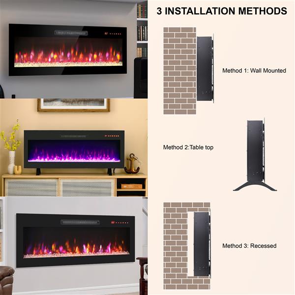 36 inch recessed ultra thin tempered glass front wall mounted electric fireplace with remote and multi color flame & emberbed, LED light heater