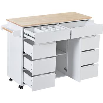 Kitchen Cart with Rubber Wood Countertop , Kitchen Island has 8 Handle-Free Drawers Including a Flatware Organizer and 5 Wheels for Kitchen Dinning Room, White