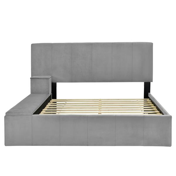 Full Size Upholstered Platform Bed with Lateral Storage Compartments and Thick Fabric, Velvet, Gray