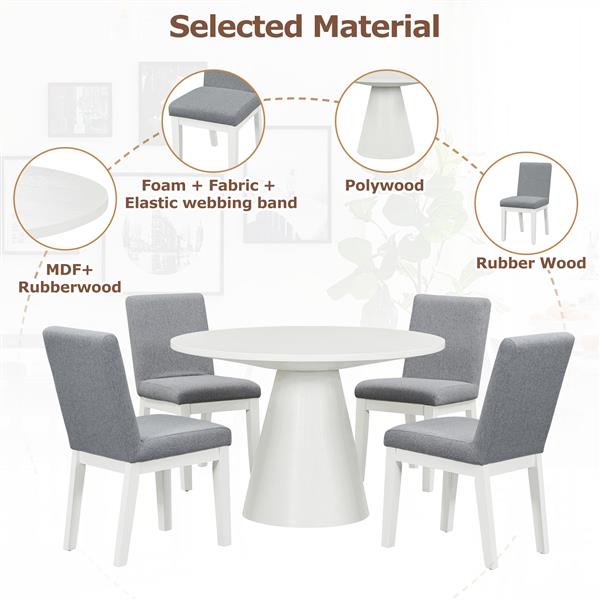 5-piece Dining Set Retro Round Table with 4 Upholstered Chairs for Living Room, Dining Room (White)