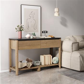 47 Inch Modern Farmhouse Double Drawers Console Table for Living Room or Entryway, Tobacco Wood and White Marble Texture