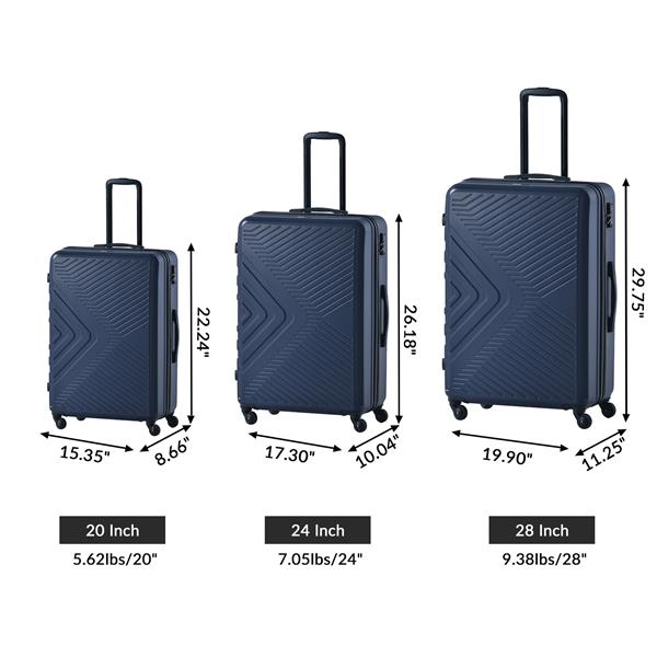 3 Piece Luggage Sets ABS Lightweight Suitcase with Two Hooks, Spinner Wheels, TSA Lock, (20/24/28) Navy