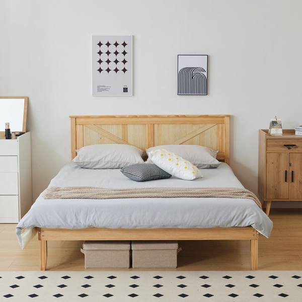 Queen Size Solid Wood Platform Bed Frame with Headboard natural