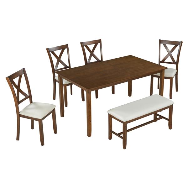 6-Piece Kitchen Dining Table Set Wooden Rectangular Dining Table, 4 Fabric Chairs and Bench Family Furniture (Natural Cherry)