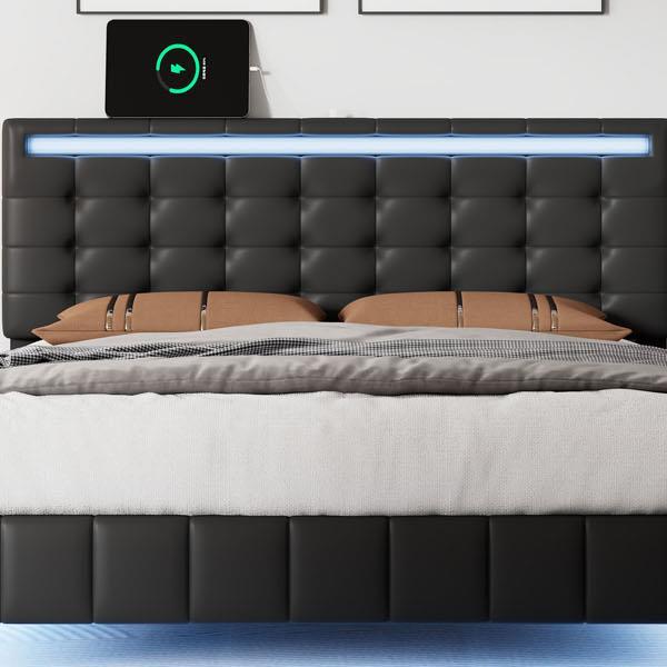 Full Size Floating Bed Frame with LED Lights and USB Charging,Modern Upholstered Platform LED Bed Frame,Black(Full)