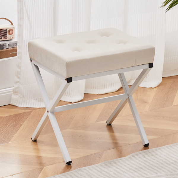 Ottoman Foot Stool Tufted Vanity Stool Ottomans Thickened Cushion Footstool Mulifunctional Shoe Changing Seat Step Stools with Metal X Leg for Living Room Bedroom White Velvet