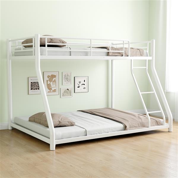 Metal Bunk Bed Twin Over Full Size with Removable Stairs, Heavy Duty Sturdy Frame with 12" Under-Bed Storage for Teen & Adults, Teens, No Box Spring Needed, White