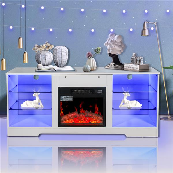 Fireplace TV Stand With 18 Inch Electric Fireplace Heater,Modern Entertainment Center for TVs up to 62 Inch With Adjustable Glass Shelves and Storage Cabinets  ( White )