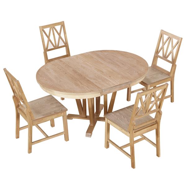 Rustic 5-Piece Extendable Dining Table Set Round Trestle Table and 4 Cross Back Dining Chairs for Kitchen, Dining Room, Natural